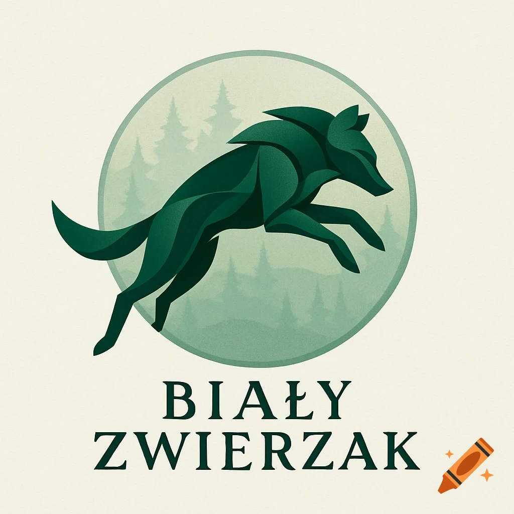 Abstract dark green wolf logo leaping in a light green circle with faint forest, above "BIAŁY ZWIERZAK" text.