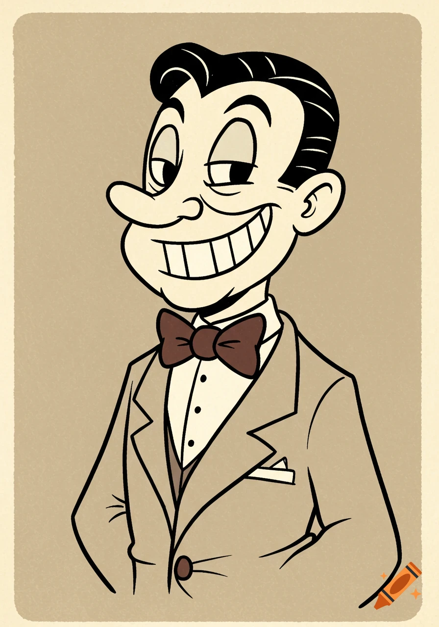 A grinning cartoon man with slicked black hair, wearing a light brown suit and a dark brown bowtie, in a vintage style.