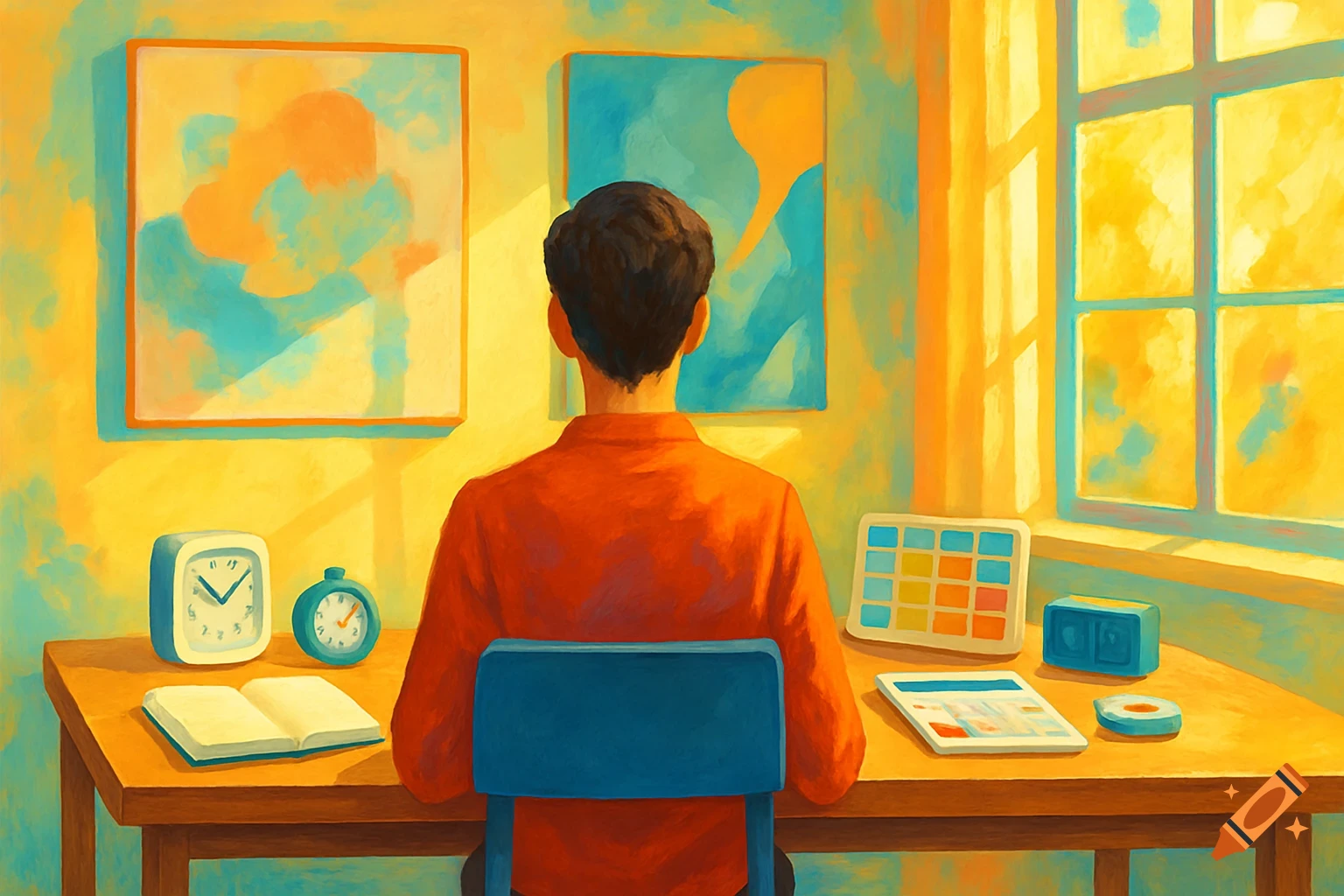 A person viewed from behind sits at a desk with an open book, clocks, and devices, bathed in warm light from a window, with abstract paintings on the wall in a painterly style.