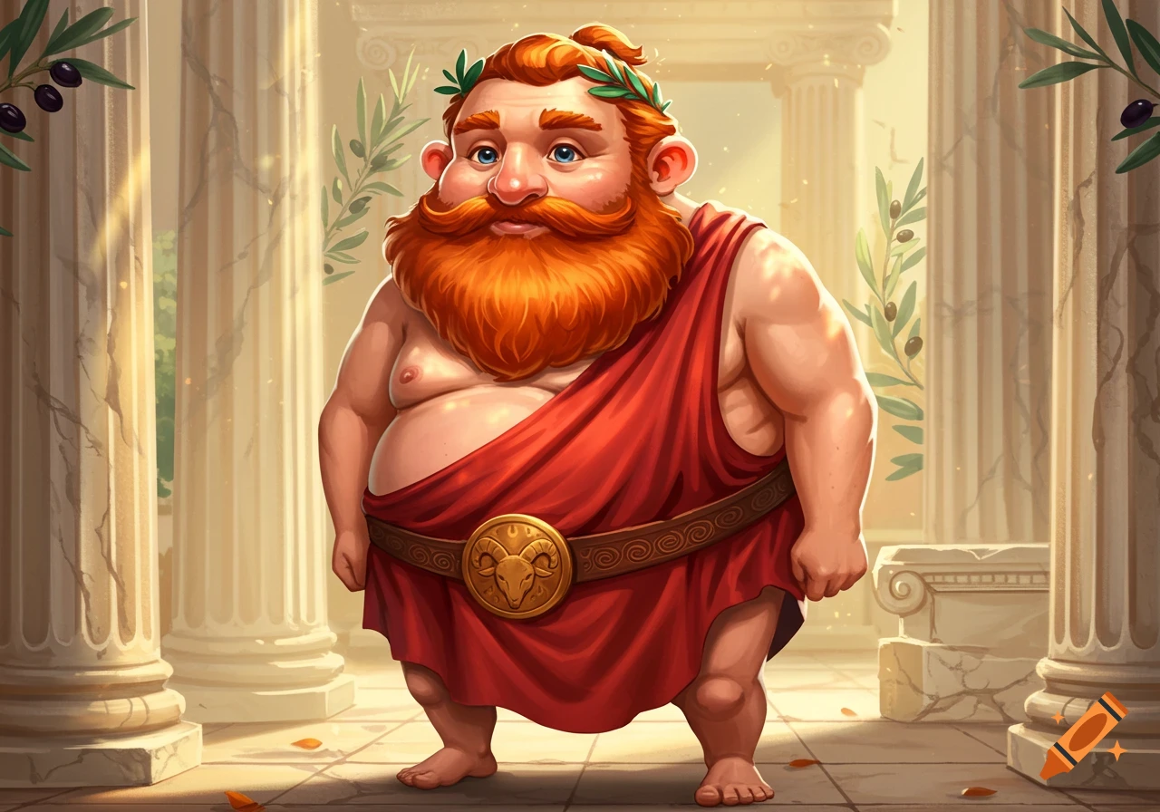 A portly, red-bearded cartoon Greek god with a laurel wreath, wearing a red toga and a belt with a golden ram buckle, stands among white columns with olive branches.