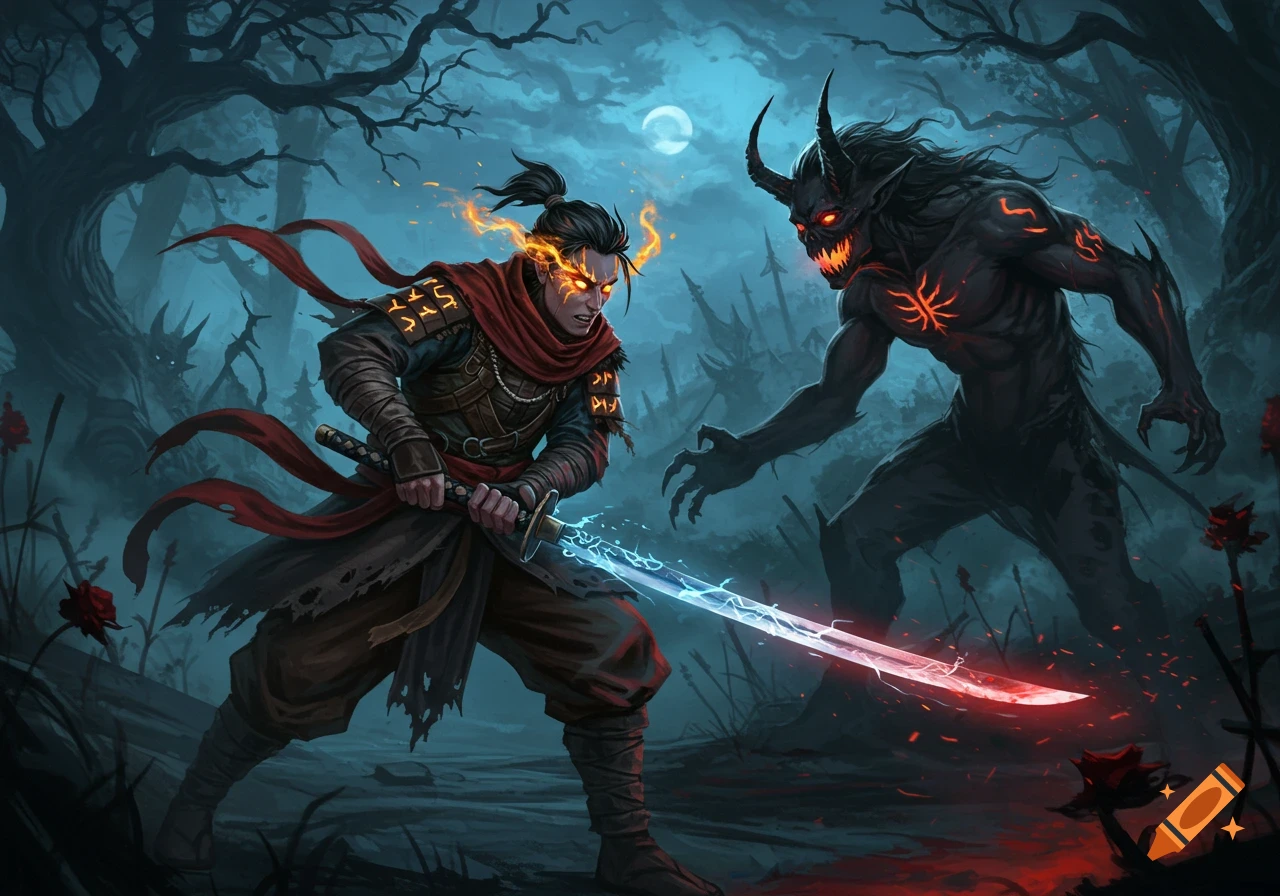 A samurai warrior with glowing eyes and a glowing sword battles a horned demon in a dark, misty forest under a full moon. Stylized digital art.