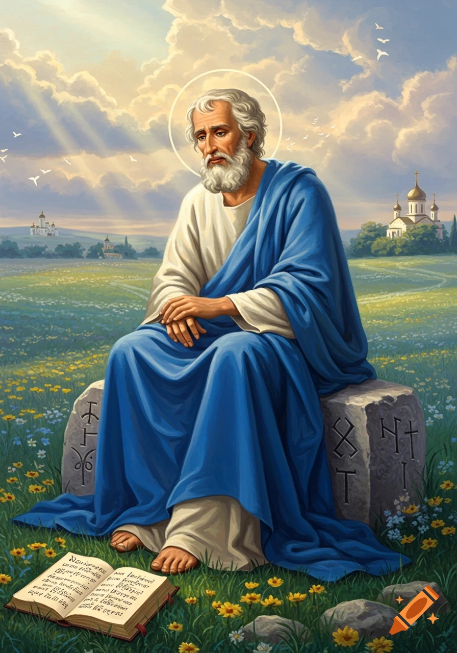 A painting of an elderly man with a white beard and halo, wearing white and blue robes, sitting on a stone in a flower-filled field. Churches are in the distant background under a cloudy sky.