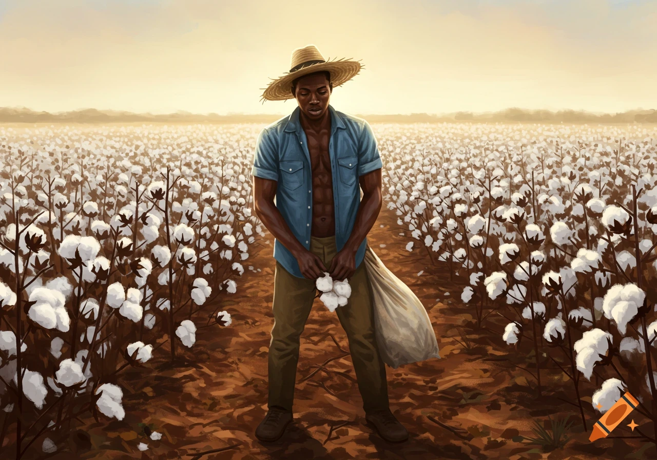A Black man in a straw hat and open blue shirt stands in a field of cotton, holding a handful of picked cotton.