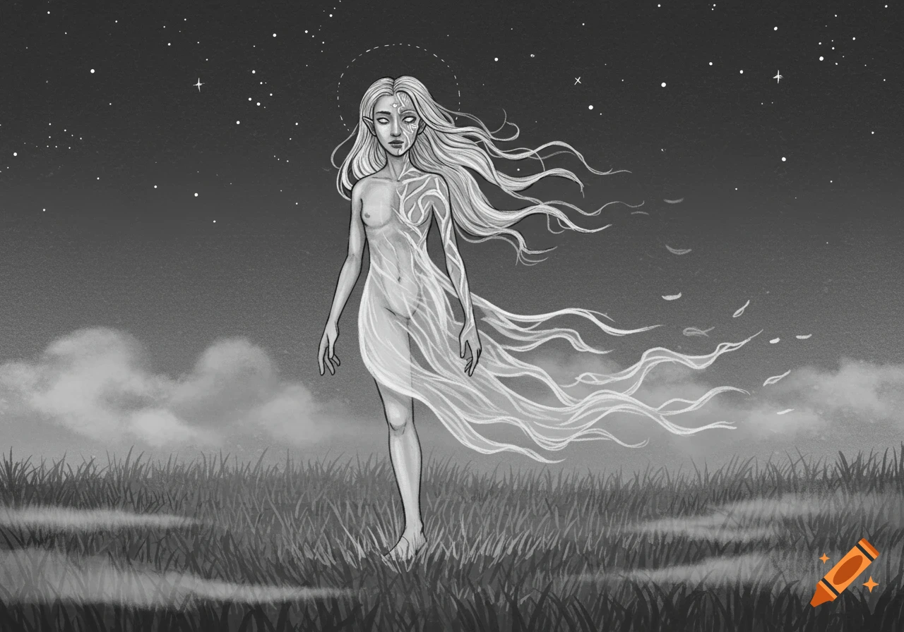 A black and white illustration of an ethereal female ghost creature with long flowing white hair, standing in a grassy field under a starry night sky.