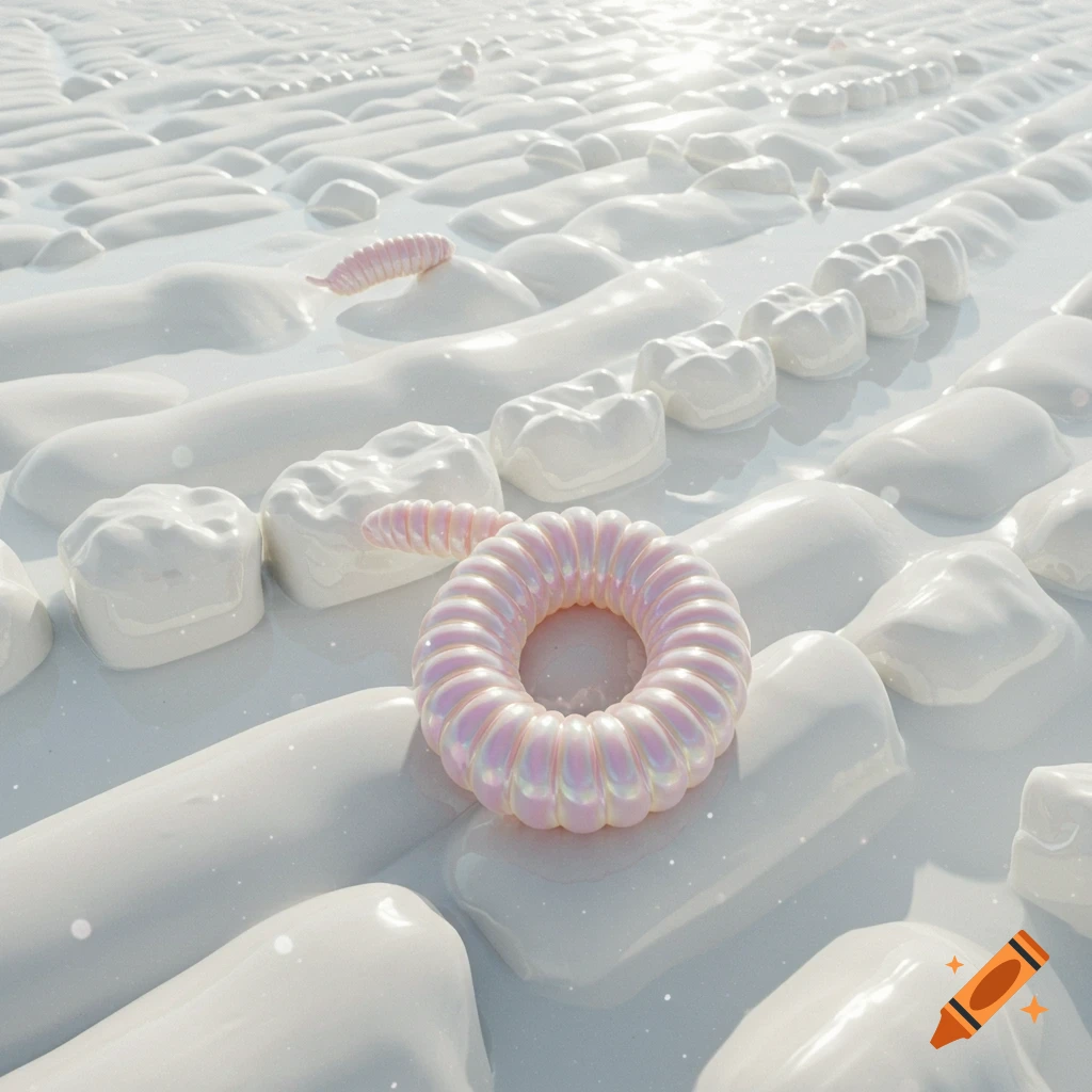 A surreal landscape of white, glossy, teeth-shaped mounds with pink worm-like and ring-like objects.