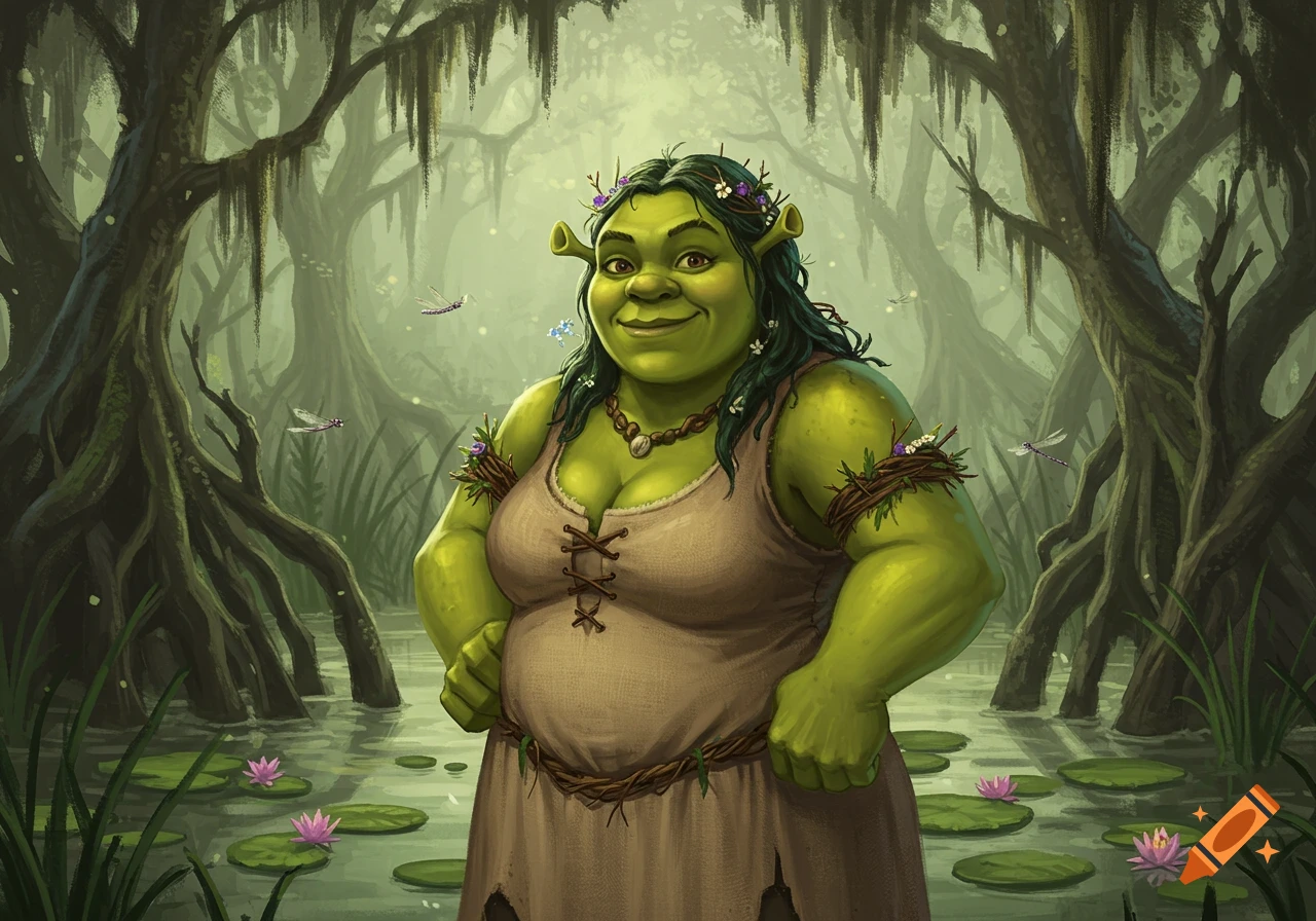 A female ogre resembling Shrek, with green skin and dark hair adorned with flowers, stands in a misty swamp with lily pads and cypress trees.