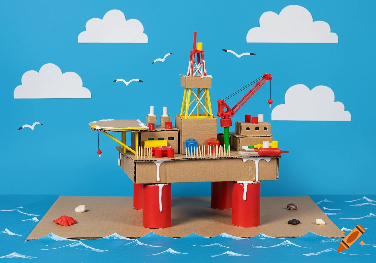 A colorful, playful handmade oil rig crafted from cardboard, straws, glue, and toothpicks, set against a blue sky with paper clouds.