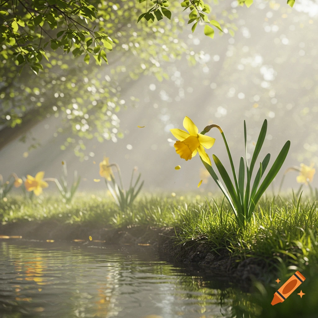 A vibrant yellow daffodil wilting slightly over a pond, surrounded by lush green grass and sun-dappled trees in a misty forest