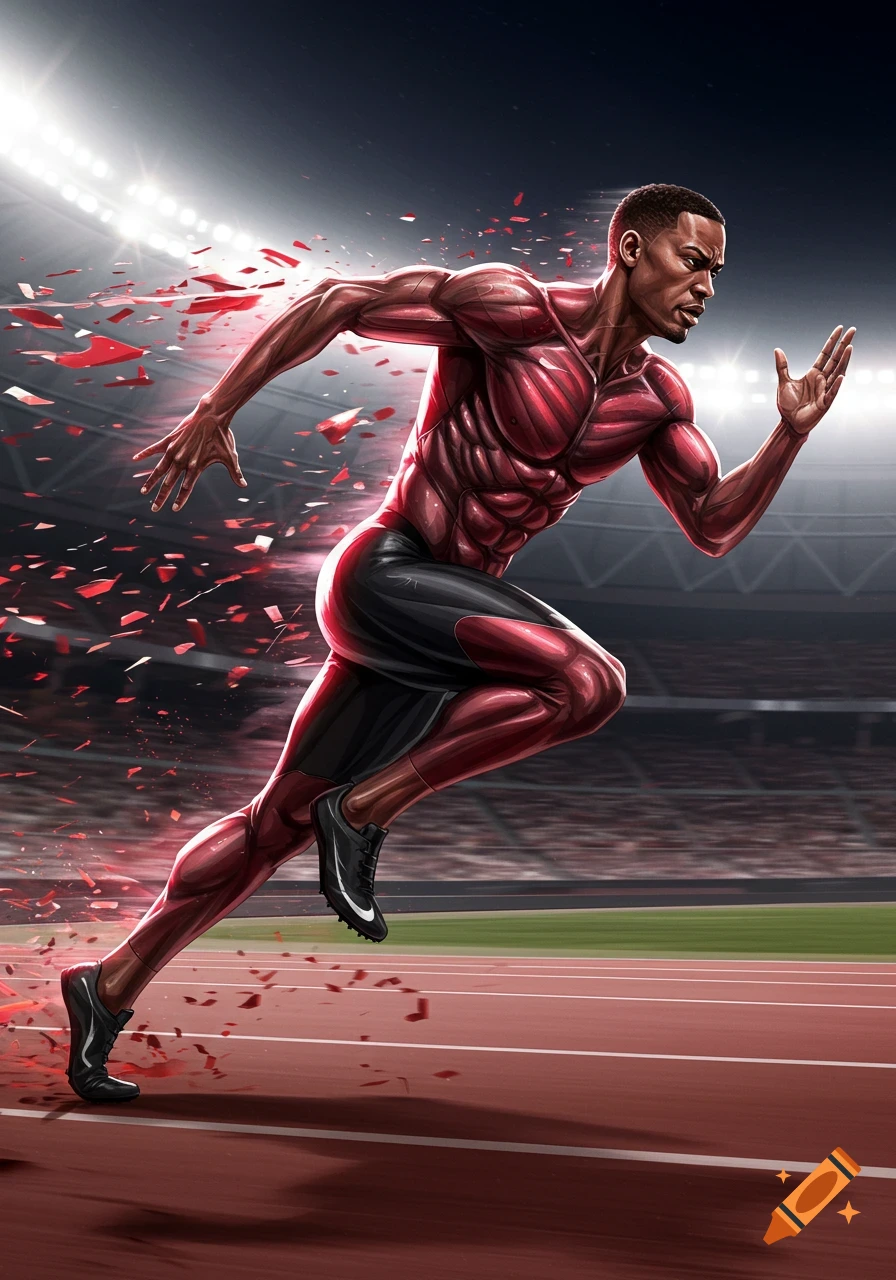 A highly muscular man with anatomical red skin and black shorts runs on a track in a stadium, surrounded by red debris.
