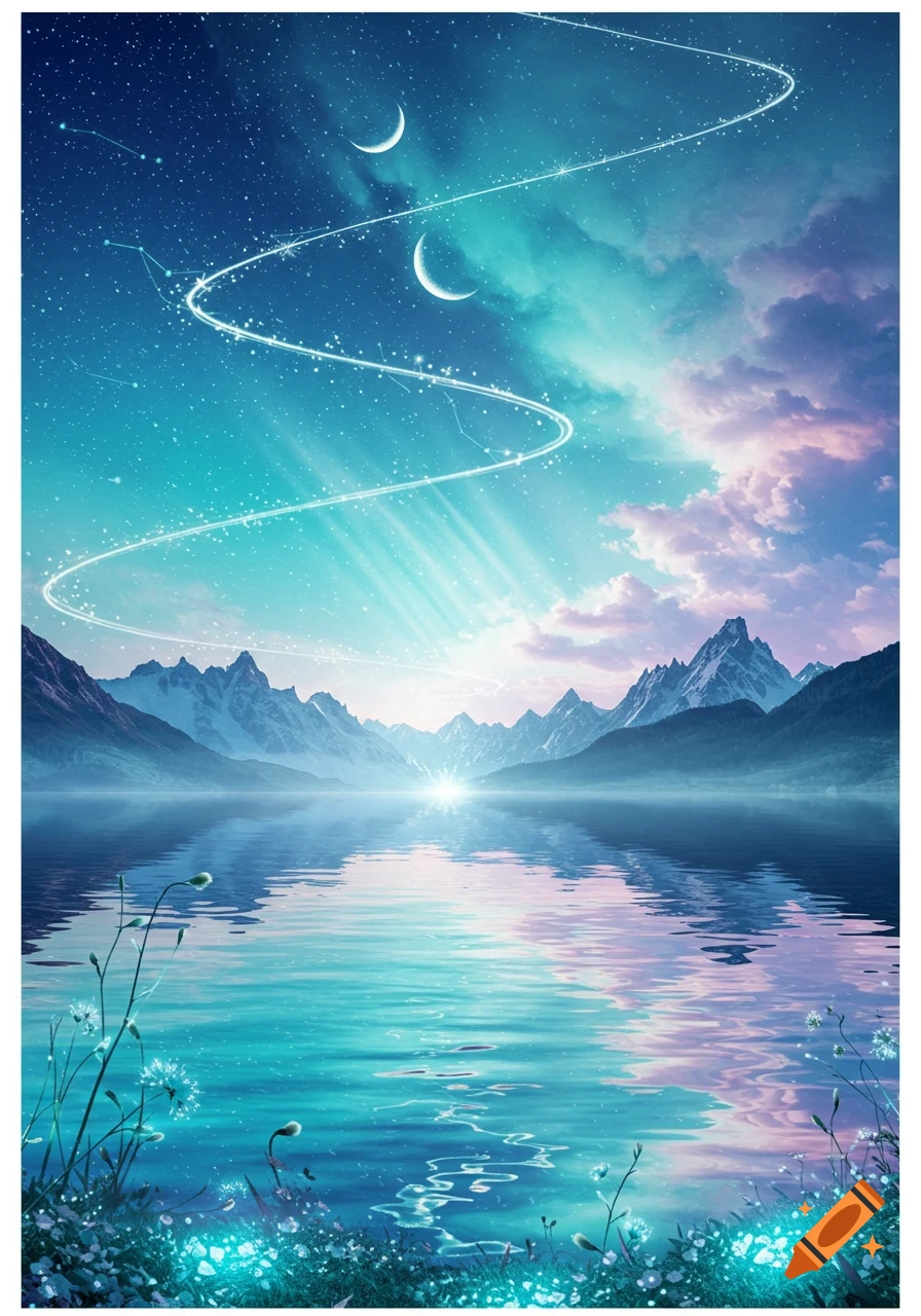 Dreamy landscape with snow-capped mountains reflecting in a teal and purple lake under a starry night sky with two crescent moons and glowing light trails.