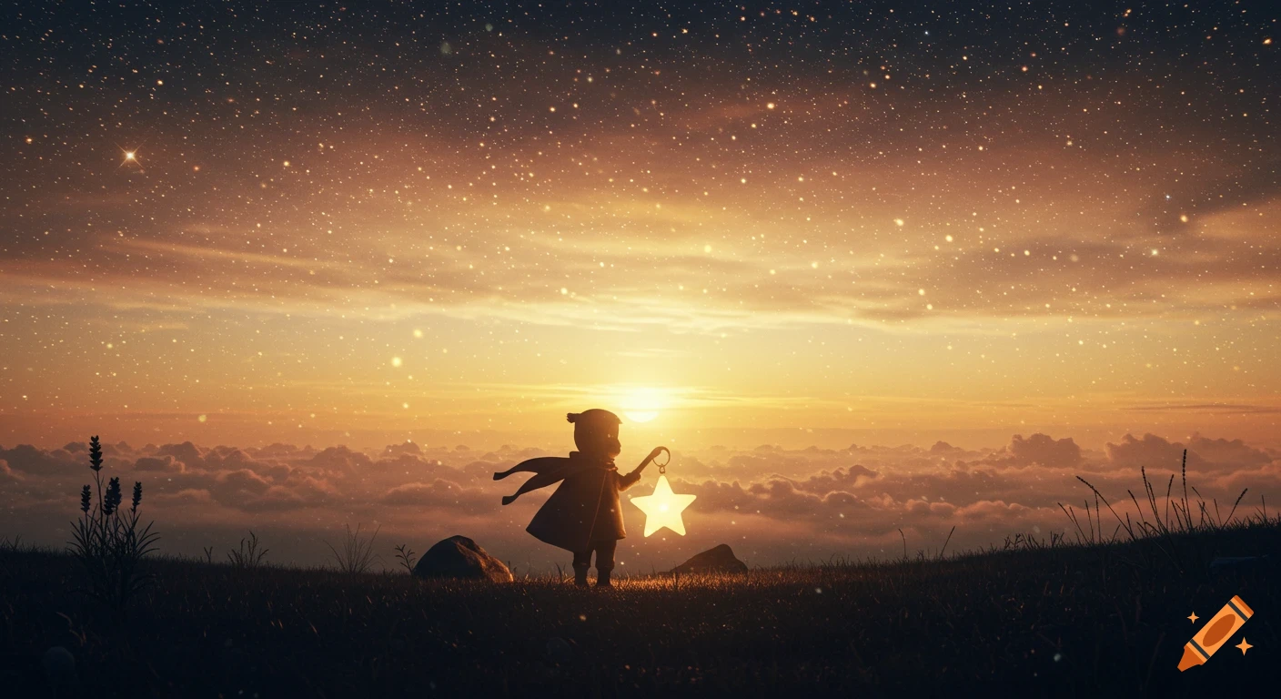 A child silhouette holds a glowing star-lantern against a warm, starry cosmic sky with clouds, on a grassy hill.