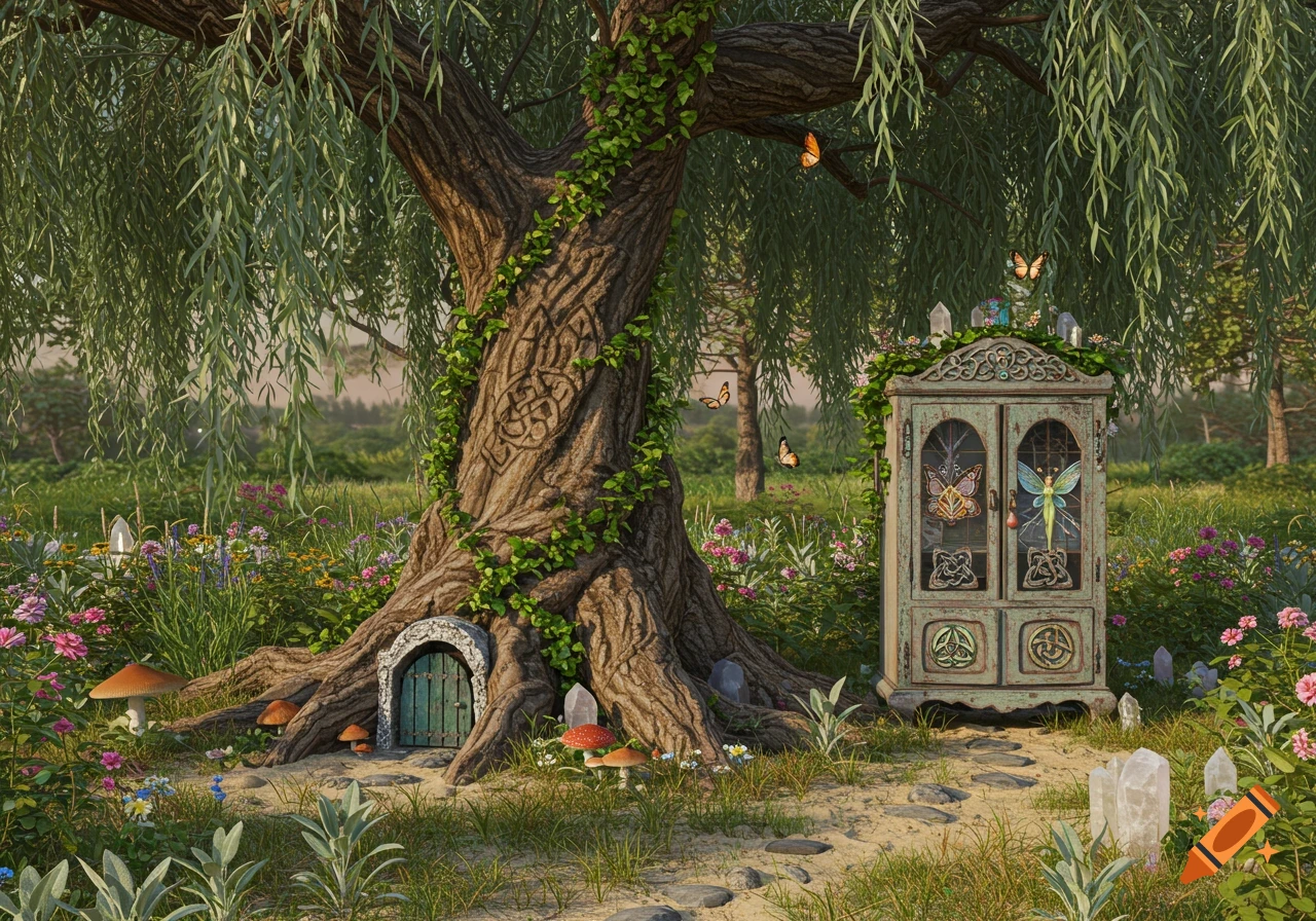 A gnarled tree with a fairy door and Celtic carvings stands in a whimsical forest with wildflowers, mushrooms, and a vintage fairy cabinet.