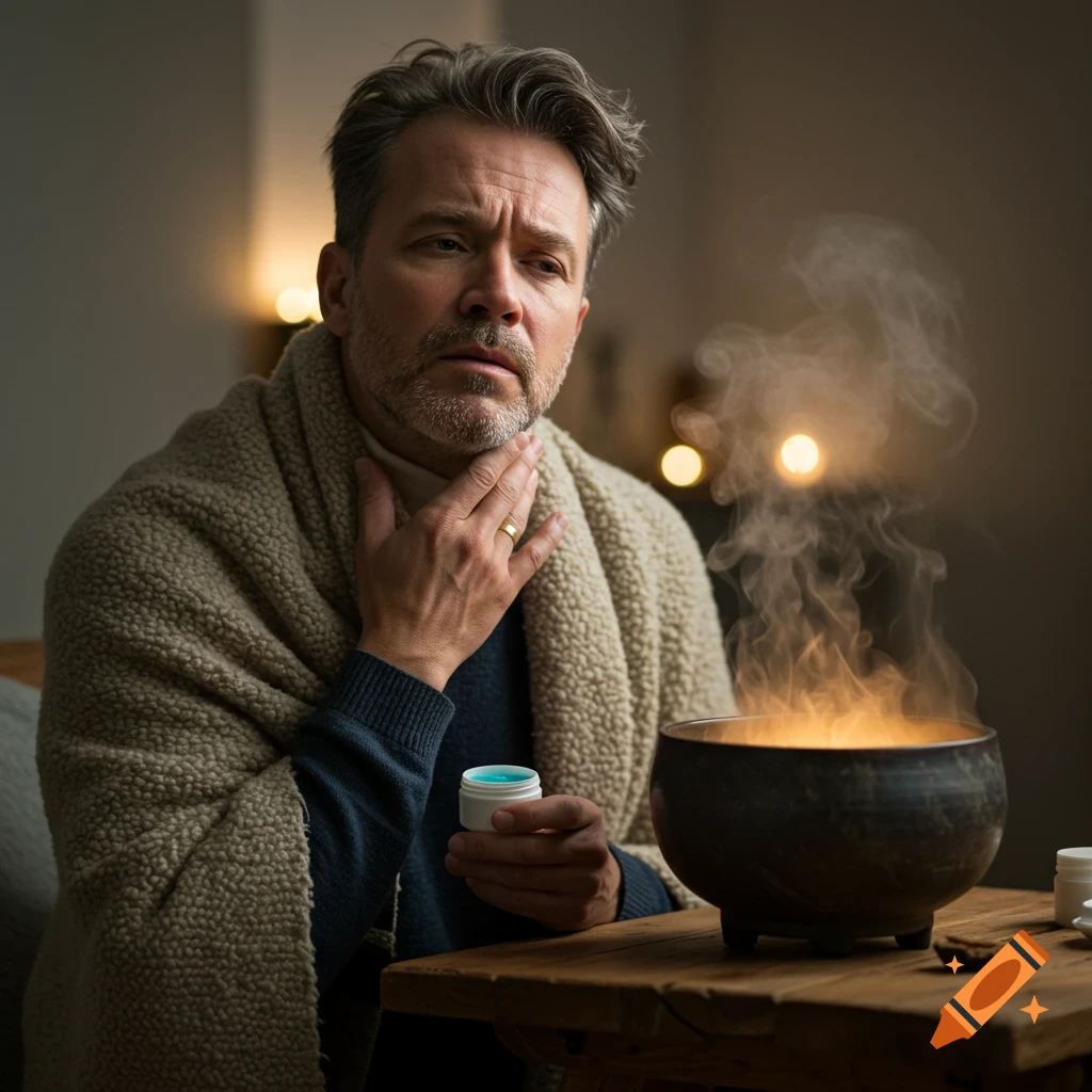A man with a sore throat, wrapped in a blanket, holds a small jar of ointment while steam rises from a bowl nearby, in a dimly lit room.