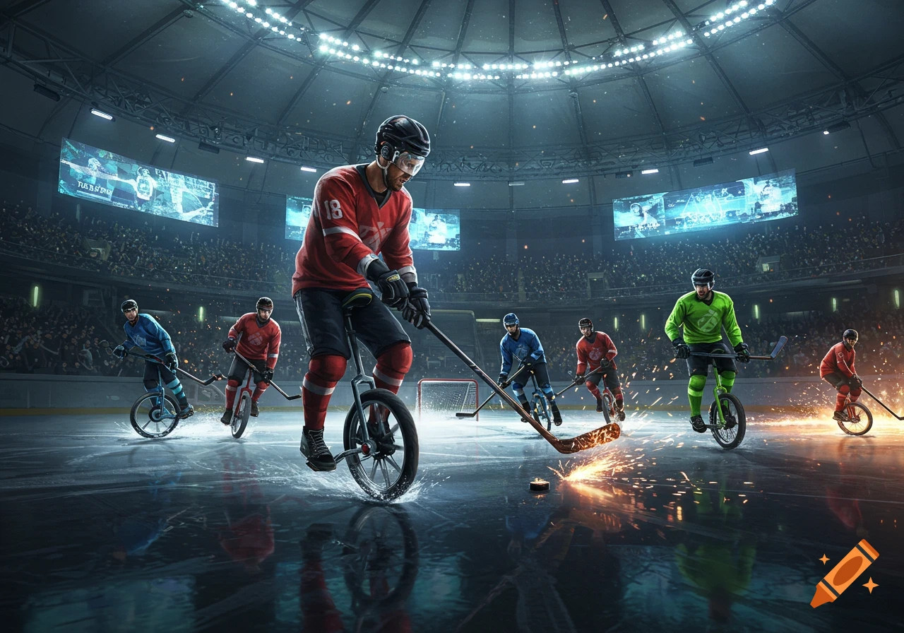 A dynamic scene of a unicycle hockey game in a stadium, with players in red, blue, and green jerseys on unicycles playing on ice.