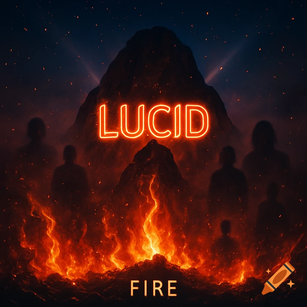 Album art with glowing text 'LUCID' over a dark volcanic mountain and 'FIRE' below, surrounded by flames and silhouetted figures.