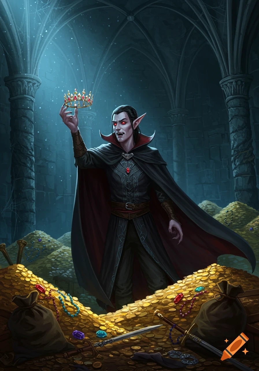 A dark-haired vampire elf with red eyes and fangs holds a crown in a gloomy stone chamber filled with piles of gold and jewels.