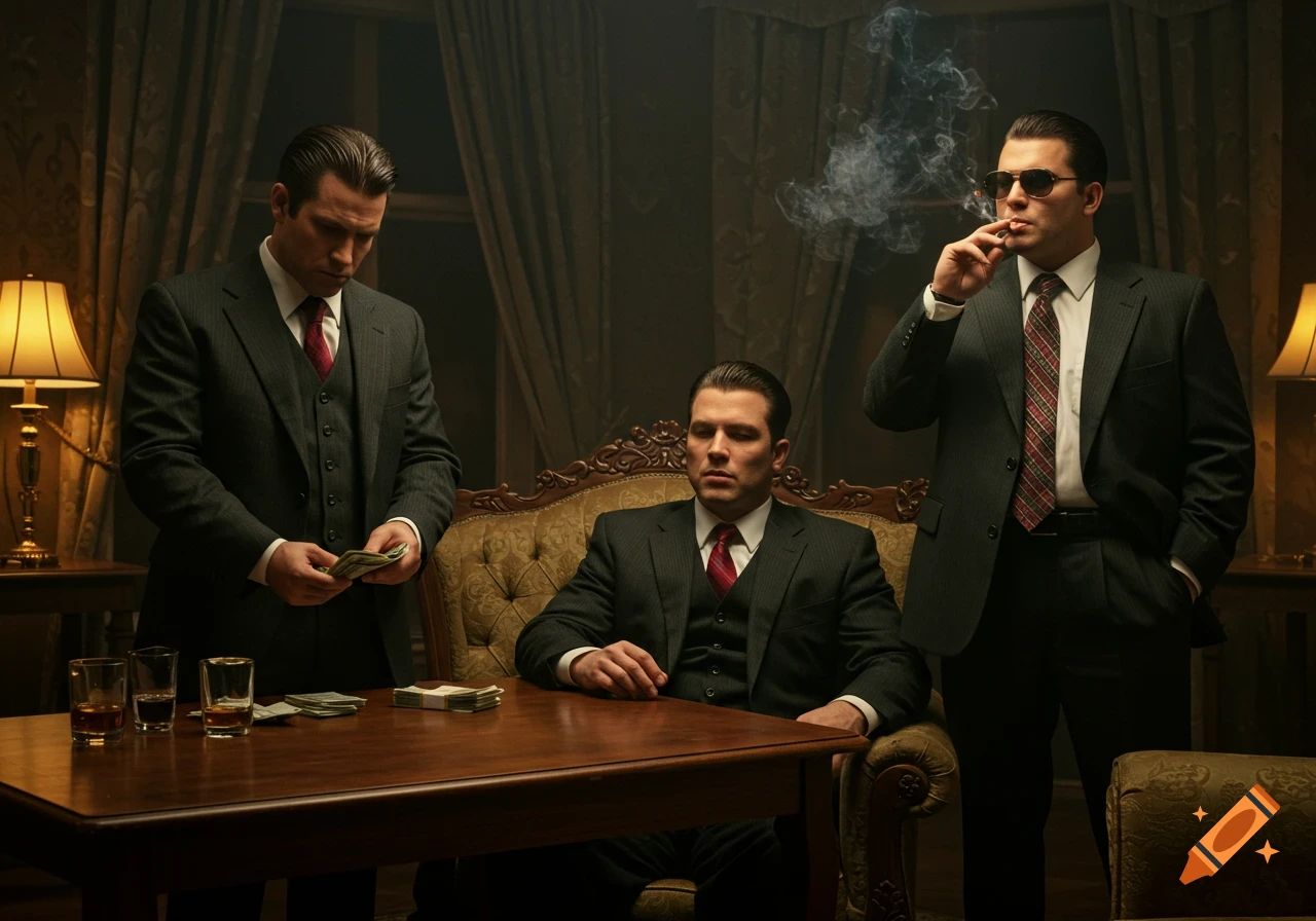 Three men in suits in a dimly lit room: one counts money, another smokes, and a third sits at a table with drinks.