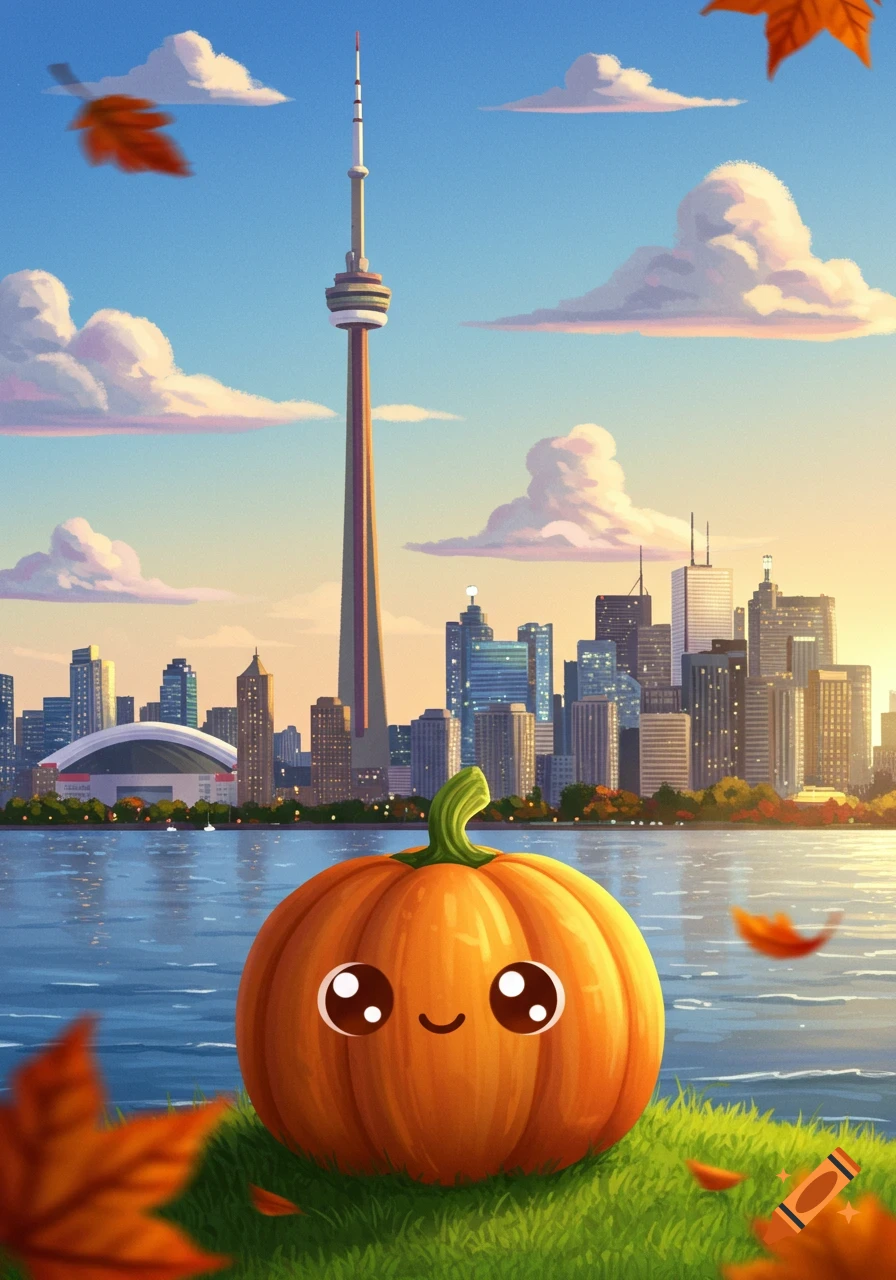 Cute cartoon pumpkin on grass overlooking the Toronto skyline with the CN Tower and lake at sunset, with falling autumn leaves.