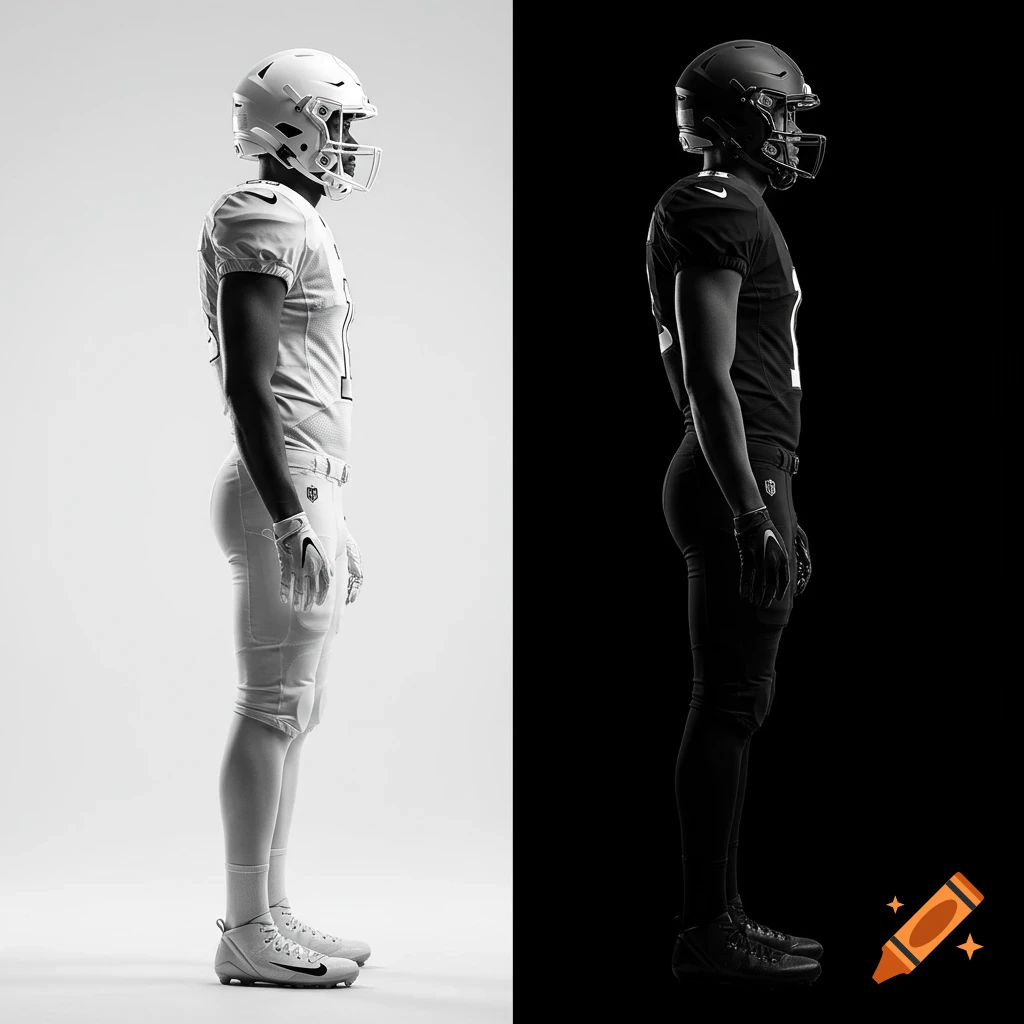 Side view of two American football players; one in white uniform on white, one in black uniform on black.