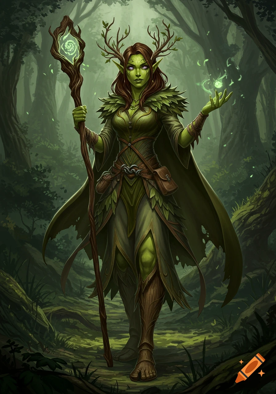 A green-skinned female wood elf with antlers and purple eyes, wearing a leafy green wizard outfit, stands in a misty forest holding a glowing staff and casting a spell, in a D&D art style.