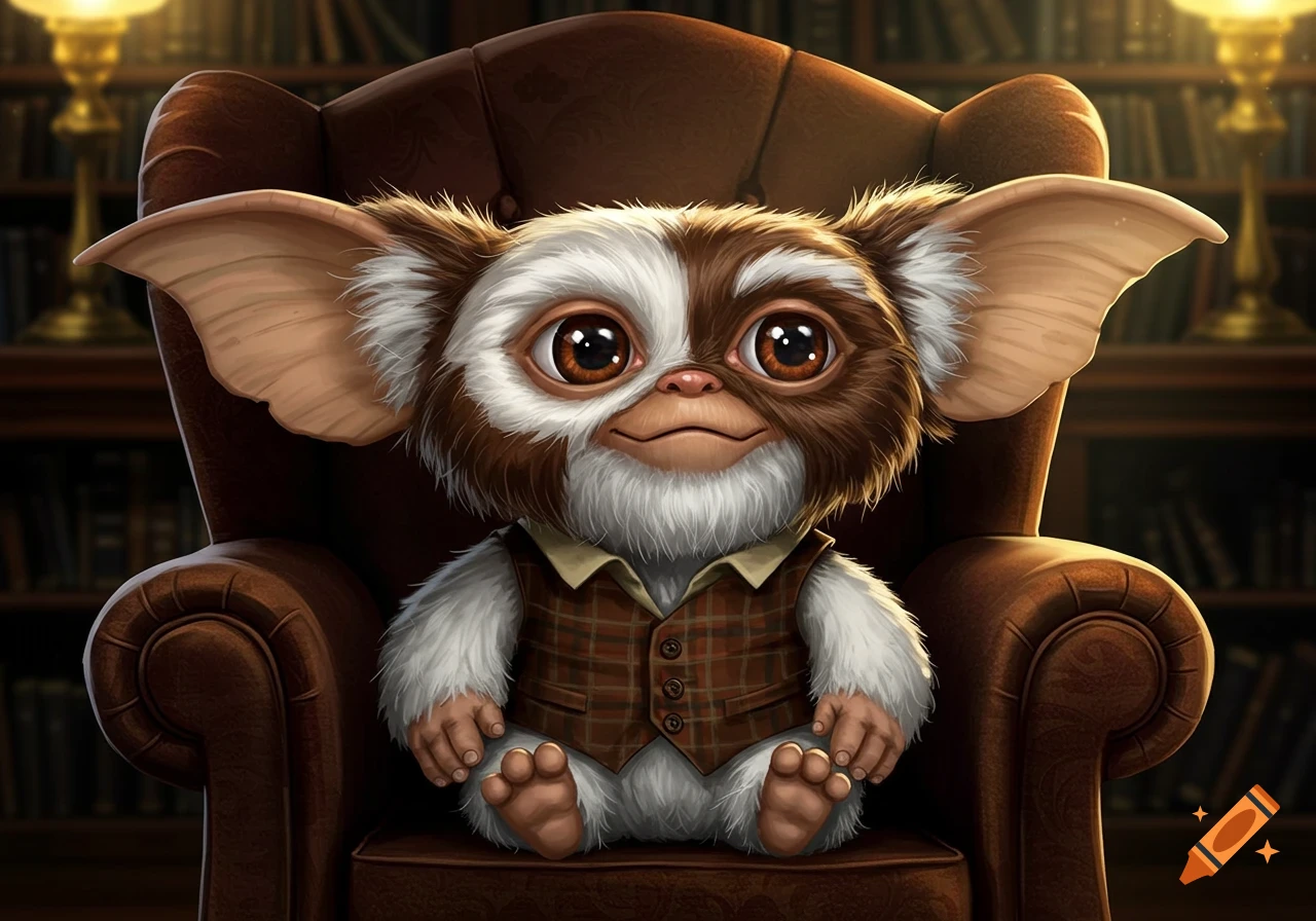 A cute, fluffy Gizmo from Gremlins with big eyes and ears, wearing a plaid vest, sitting in a brown armchair in a library.