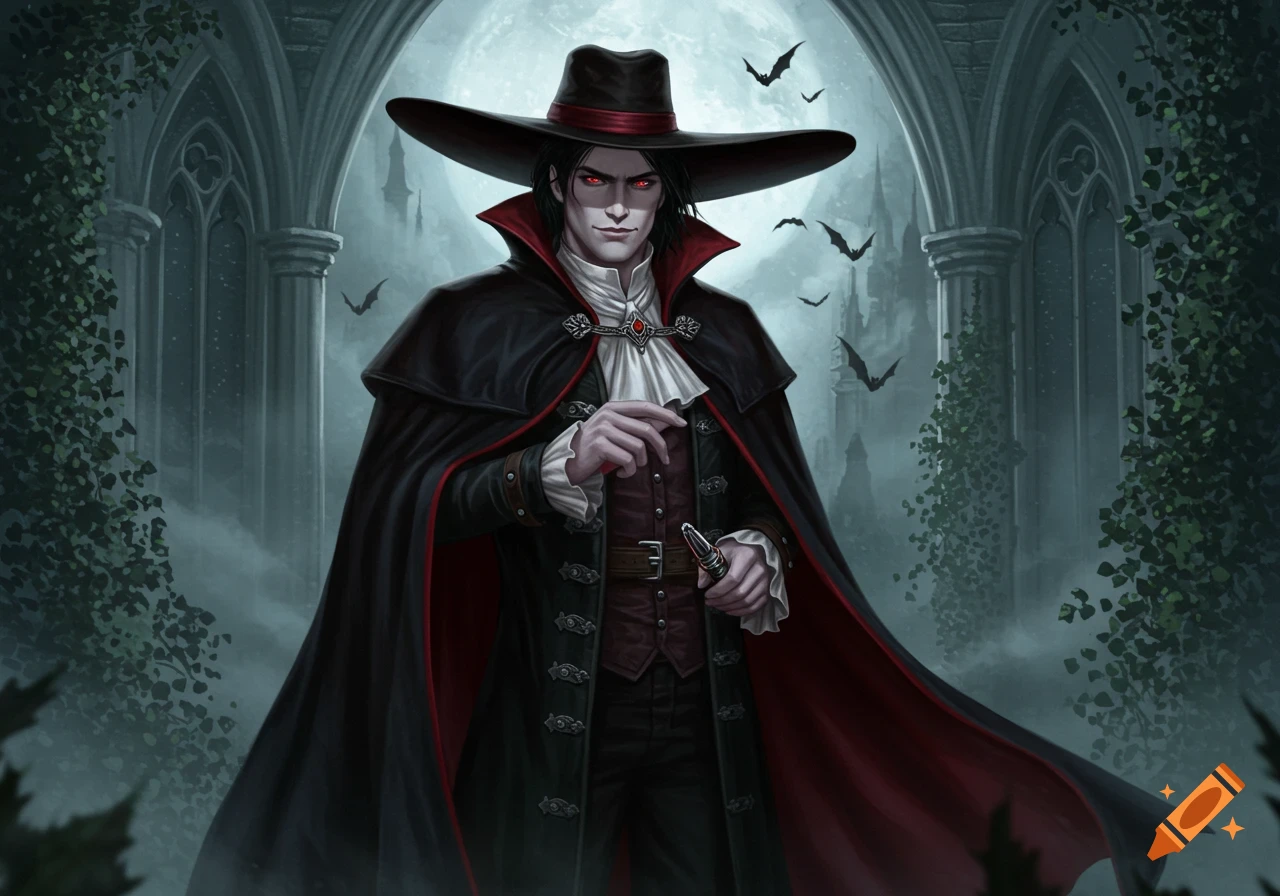 A male vampire in a black cape, wide-brimmed hat, and red eyes stands before a gothic archway with flying bats.