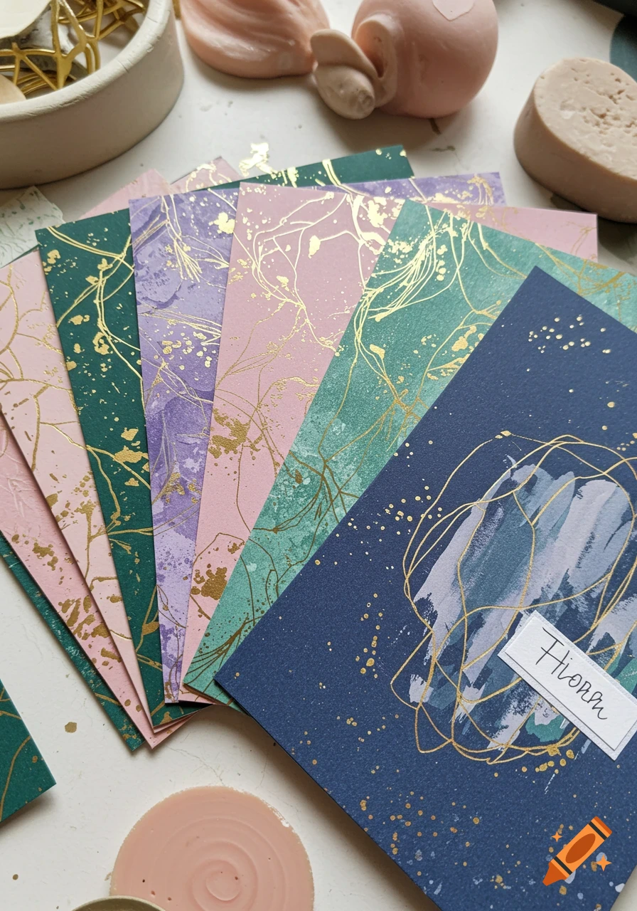 A fan of colorful scrapbooking papers with gold splatters and abstract patterns, including a blue card with 'Fiona' label, amidst craft supplies.