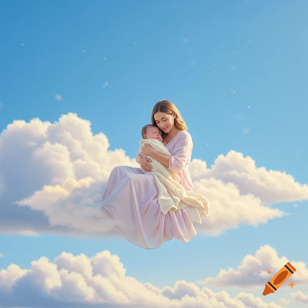 A serene woman in a light dress sits on a soft cloud, gently holding a sleeping baby against a bright blue sky.