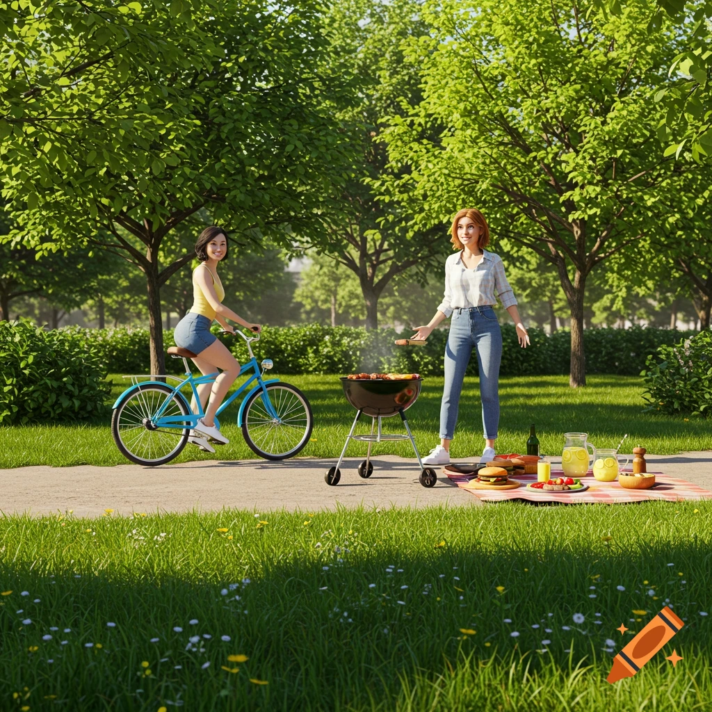 Two smiling women in a sunny park, one on a blue bicycle, the other grilling sausages at a picnic.