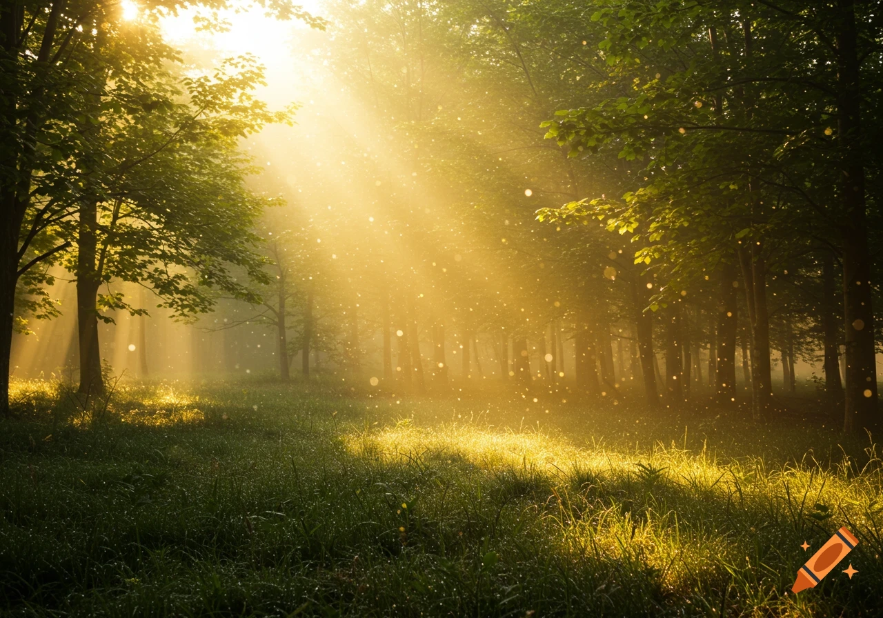 Sunbeams filter through a misty forest, illuminating a grassy floor with golden light and sparkling dust.