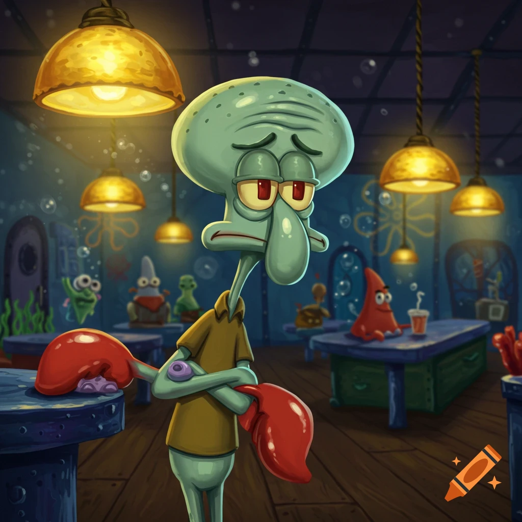 Bored Squidward with crossed arms stands in an underwater restaurant under glowing lamps. Patrick sits in the background.