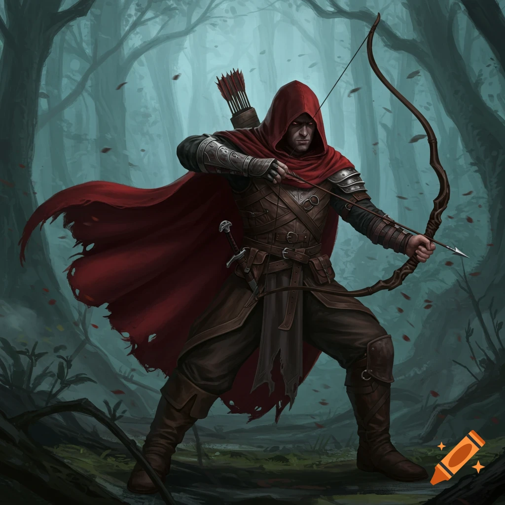 A hooded ranger in leather armor and a red cloak draws a bow and arrow in a dark, misty forest, digital painting.