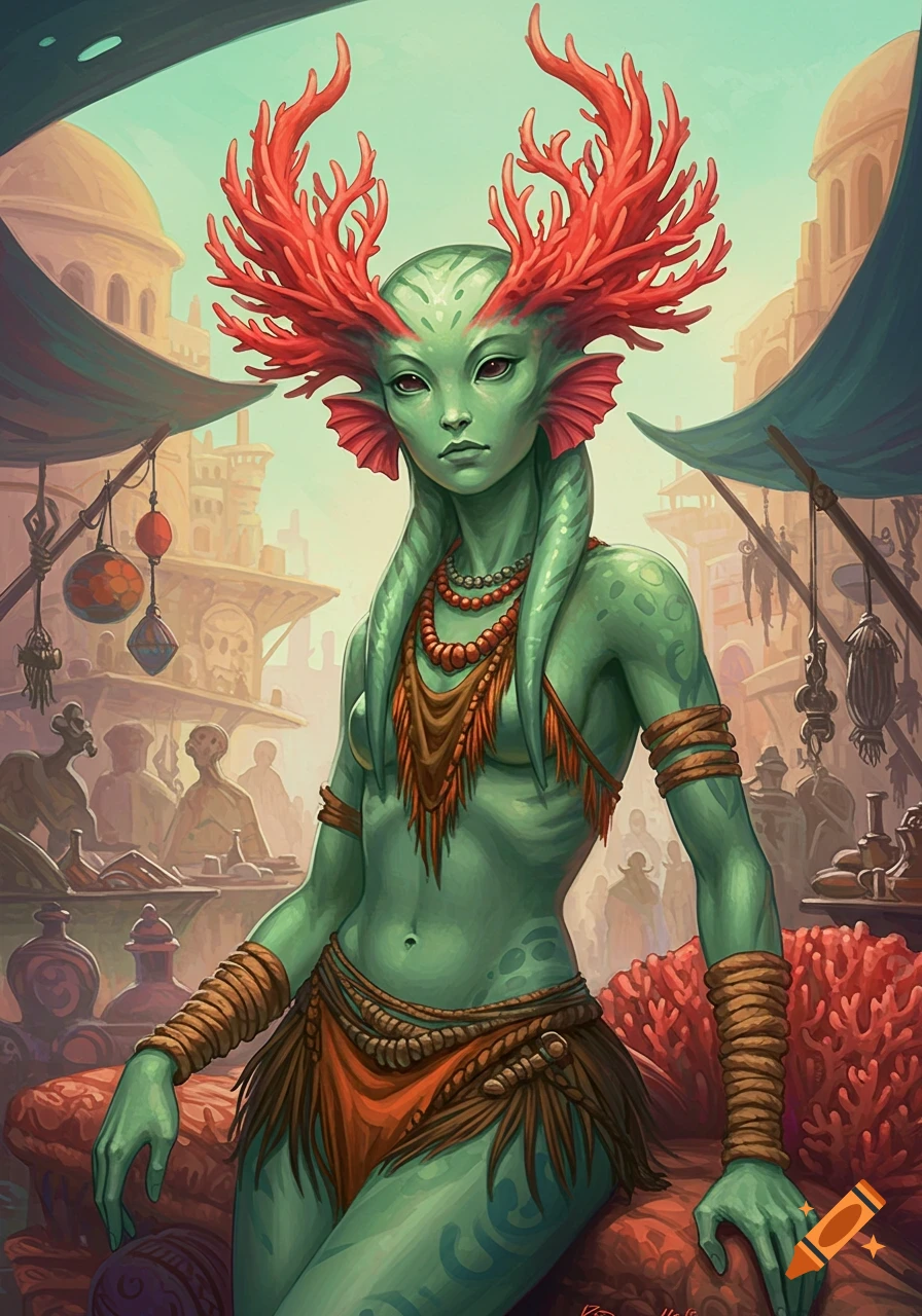 Sea-green alien woman with red coral horns and tribal garments sitting in a bustling bazaar, in a Moebius style illustration.