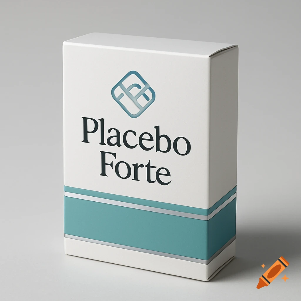 Photorealistic image of a white product box labeled "Placebo Forte" with a teal and silver striped design on a light gray background.