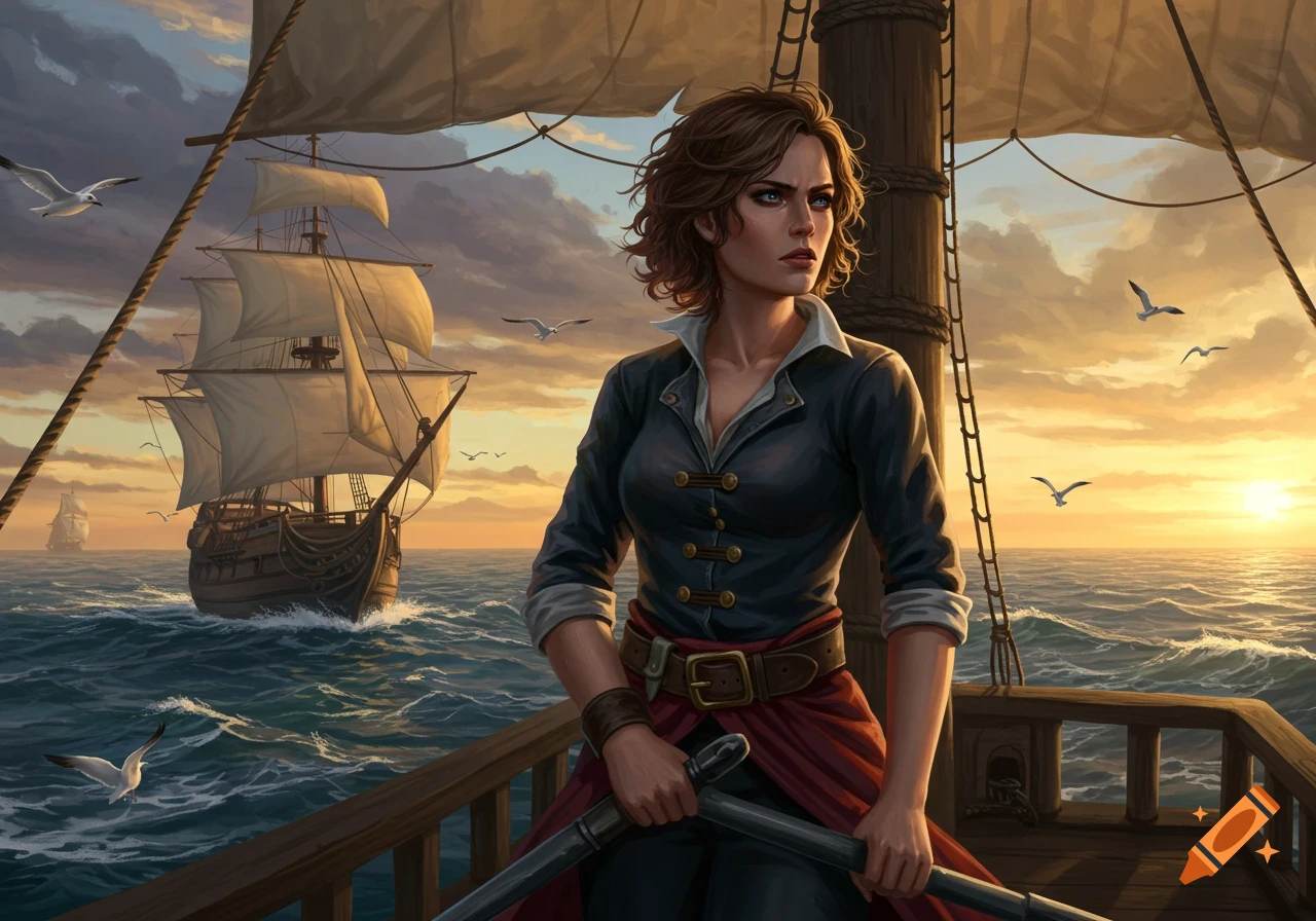 A determined female ship captain with short brown hair stands on a ship's deck at sunset, another sailing ship in the background.