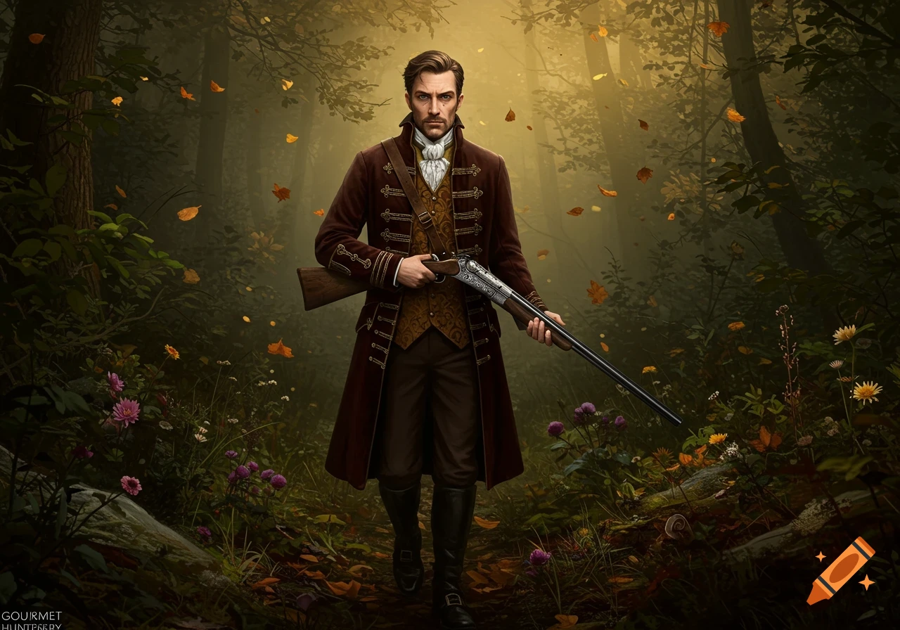 A man in a dark red historical coat and boots holds a rifle while standing on a forest path with falling autumn leaves. Detailed illustration.