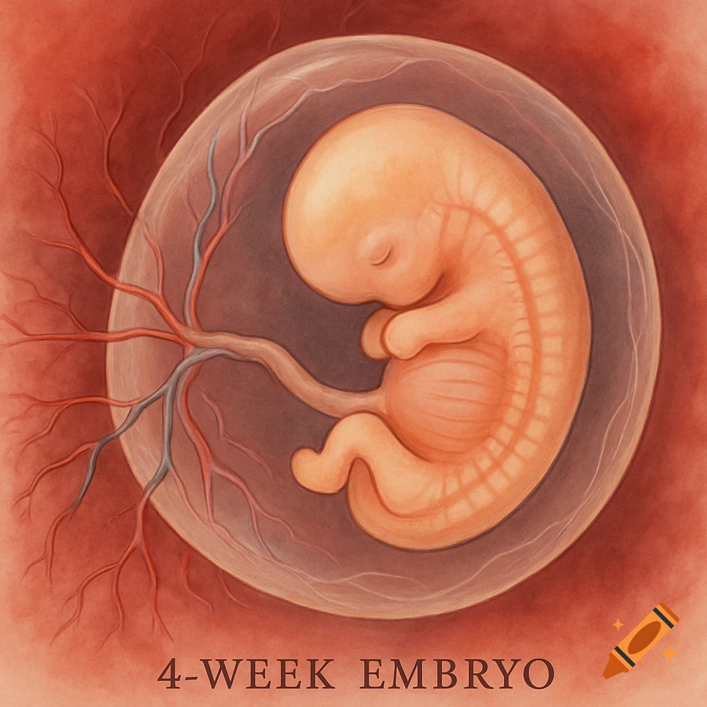 A detailed scientific illustration of a 4-week human embryo in a gestational sac, labeled '4-WEEK EMBRYO'.