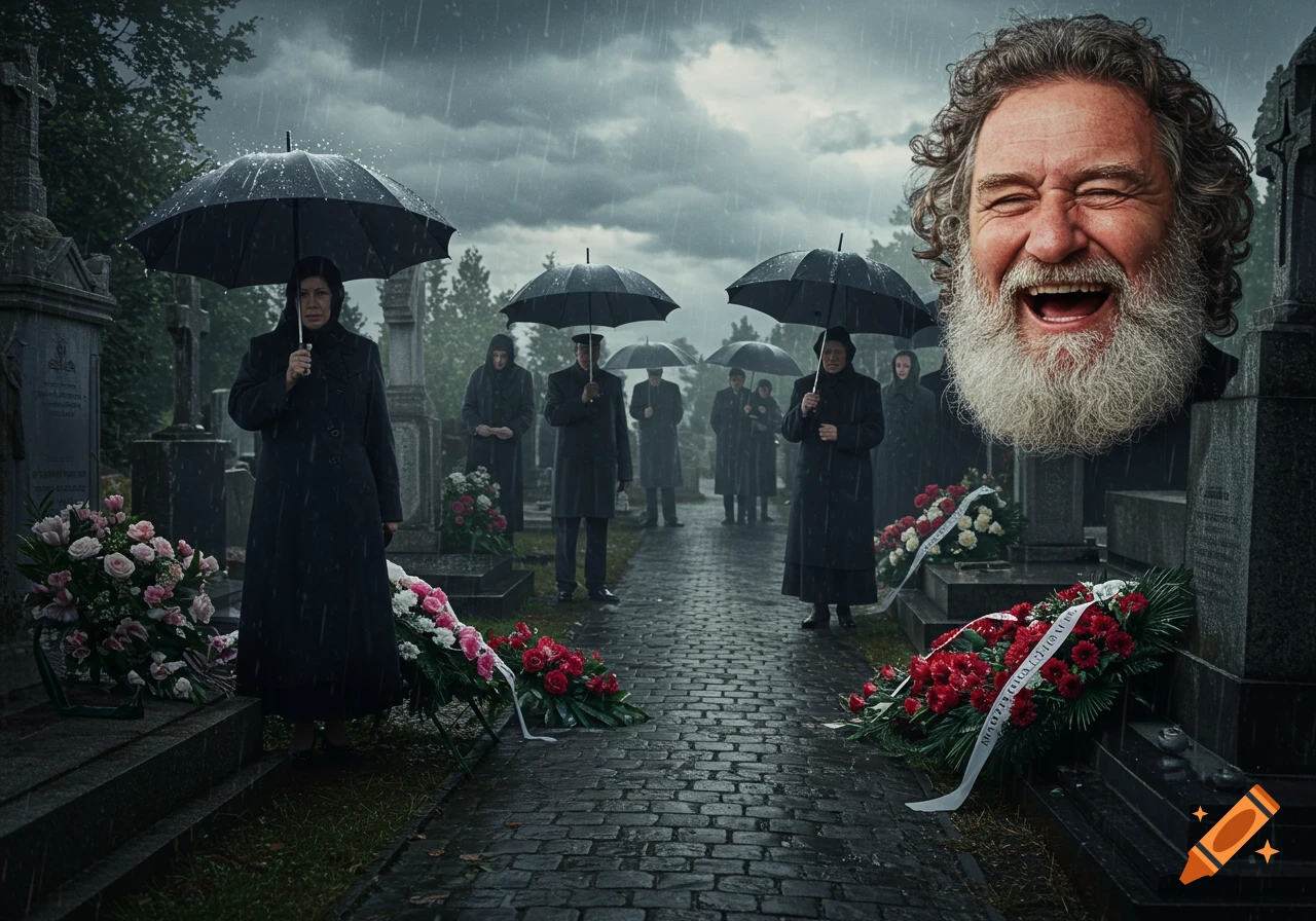A giant disembodied head of a man with a beard, laughing, floats over a somber funeral scene in a rainy graveyard with mourners under umbrellas.