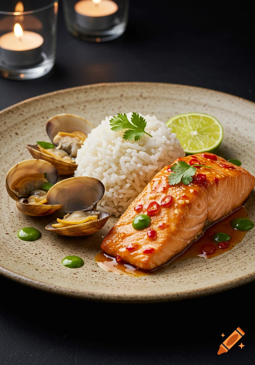 Photorealistic image of a dinner plate with chili-glazed salmon, white rice, open clams, and a lime wedge, with soft candlelight in the background.