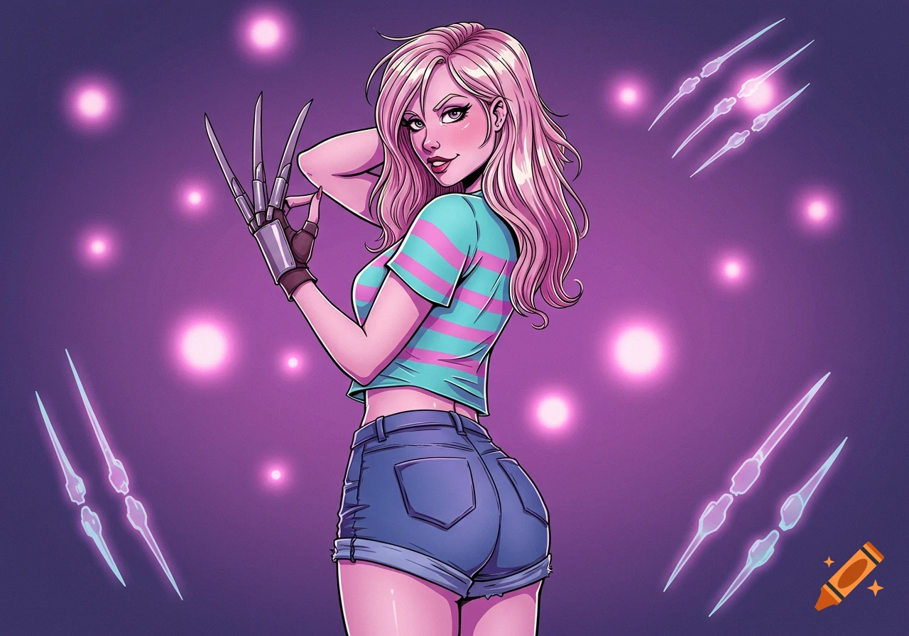 Comic art of a glamorous woman in a striped crop top and denim shorts, posing confidently with metallic claws on her hand, against a purple glowing background.