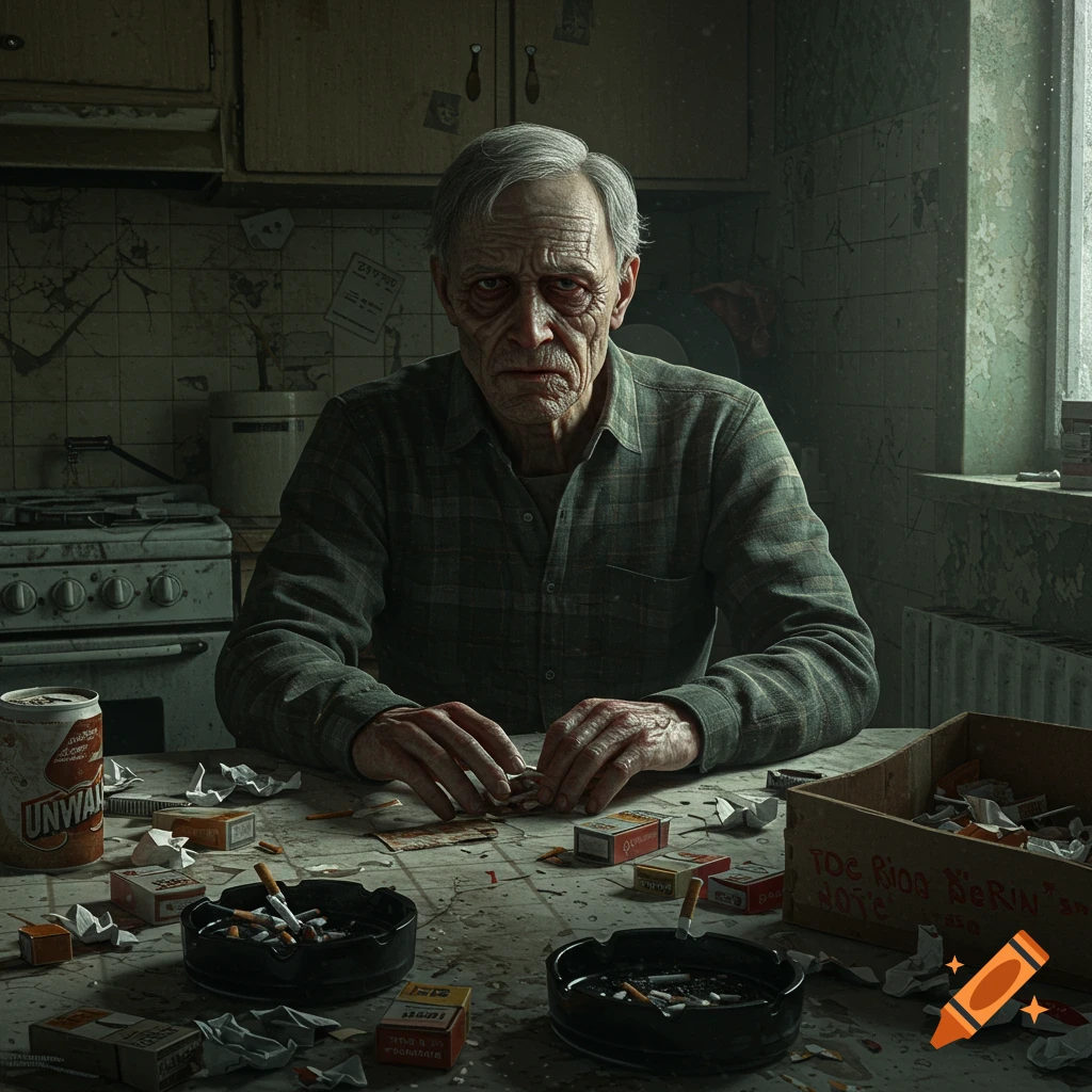 A gaunt, elderly man with gray hair sits at a dirty kitchen table filled with ashtrays and cigarette packs in a photorealistic style.