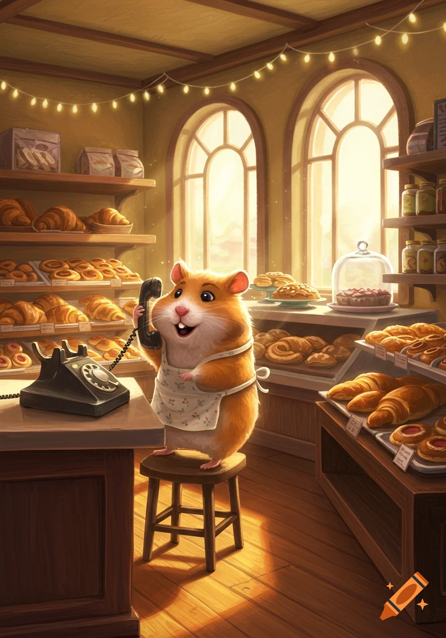 A cartoon hamster wearing an apron talks on a retro phone in a sunlit bakery full of pastries.