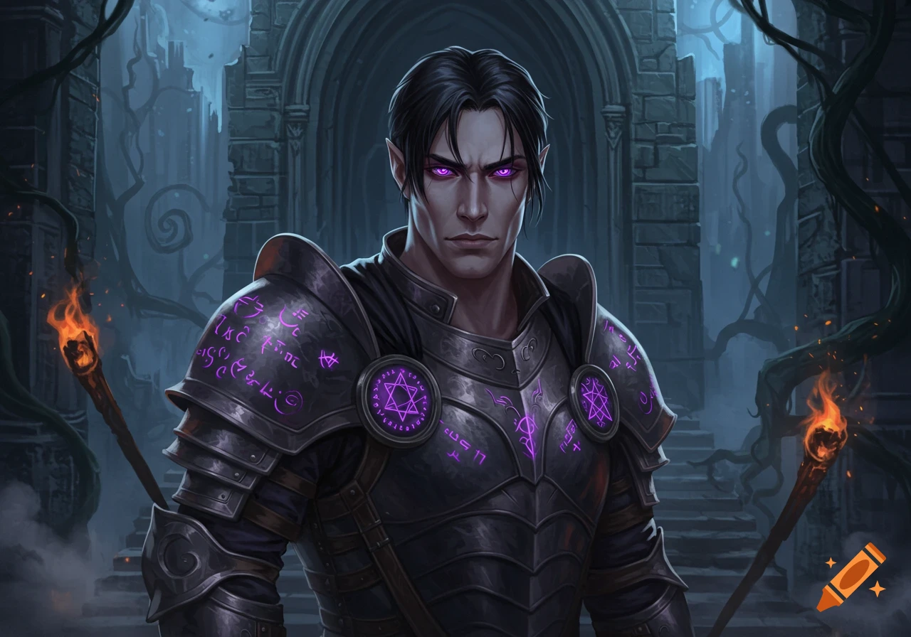 A male fantasy character with black hair and glowing purple eyes wears ornate black armor with purple runes in a dark stone ruin.