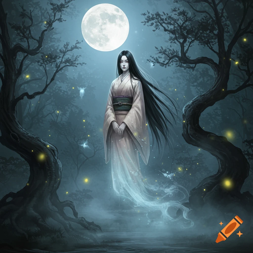 A spectral Japanese woman with long black hair floats in a misty, moonlit forest with glowing spirits and gnarled trees, digital art.