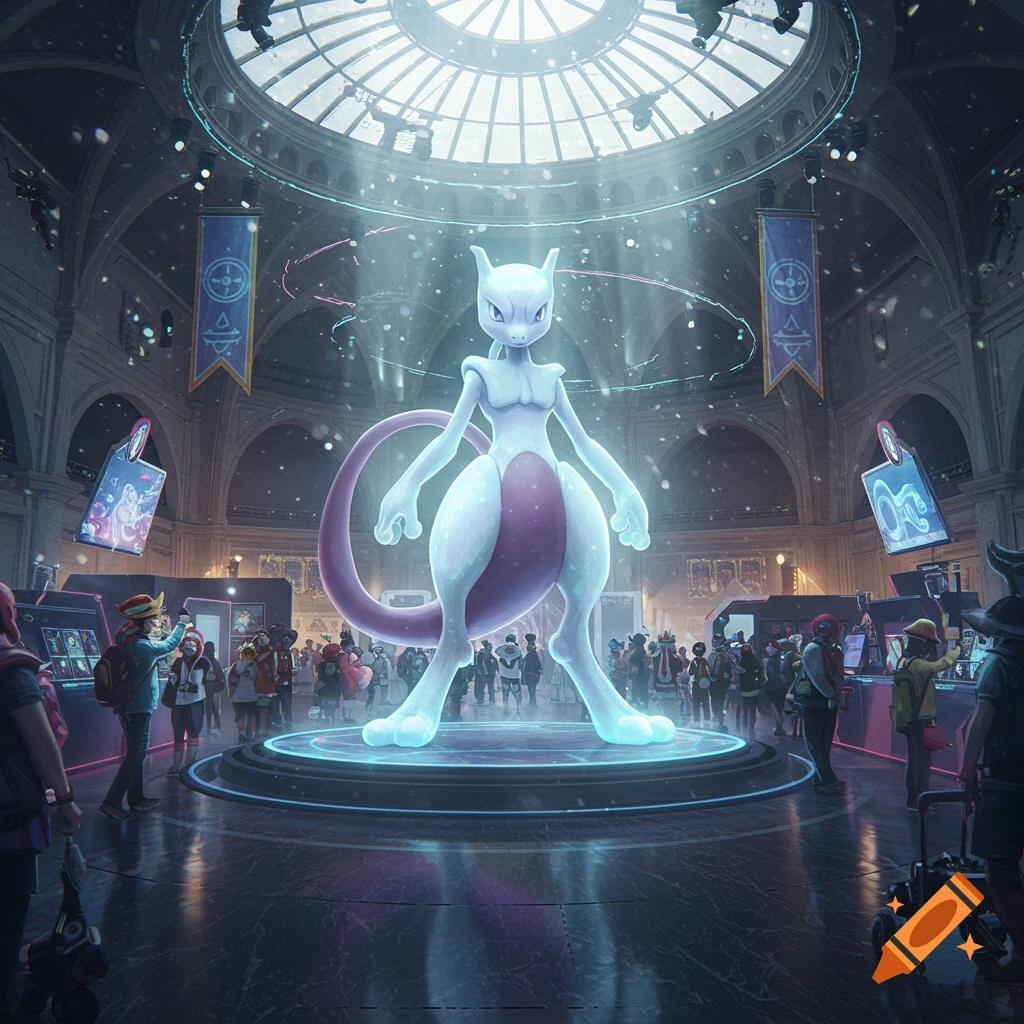A glowing hologram of Mewtwo stands on a platform in a grand convention hall filled with people, illuminated by skylight.