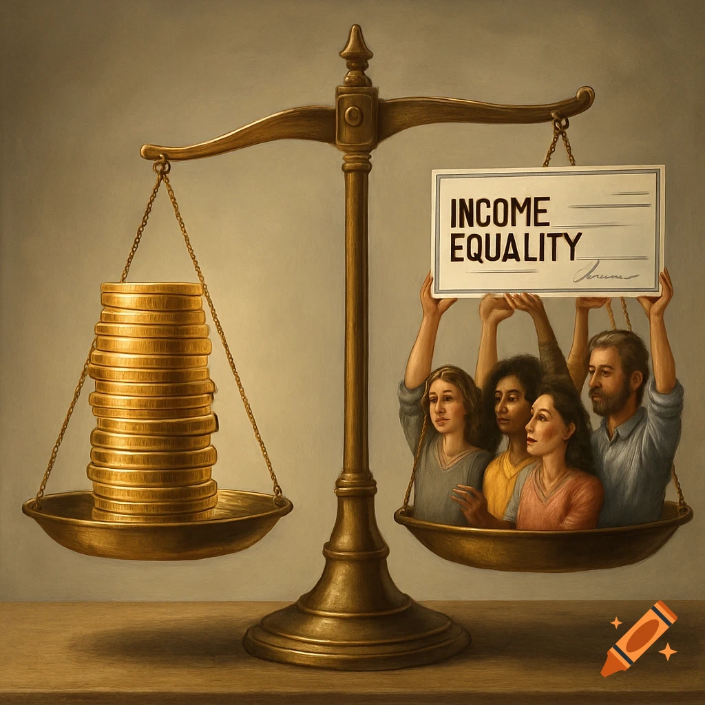 A painterly image of a balance scale. The left pan holds a stack of gold coins, the right pan holds four people holding an "INCOME EQUALITY" sign.