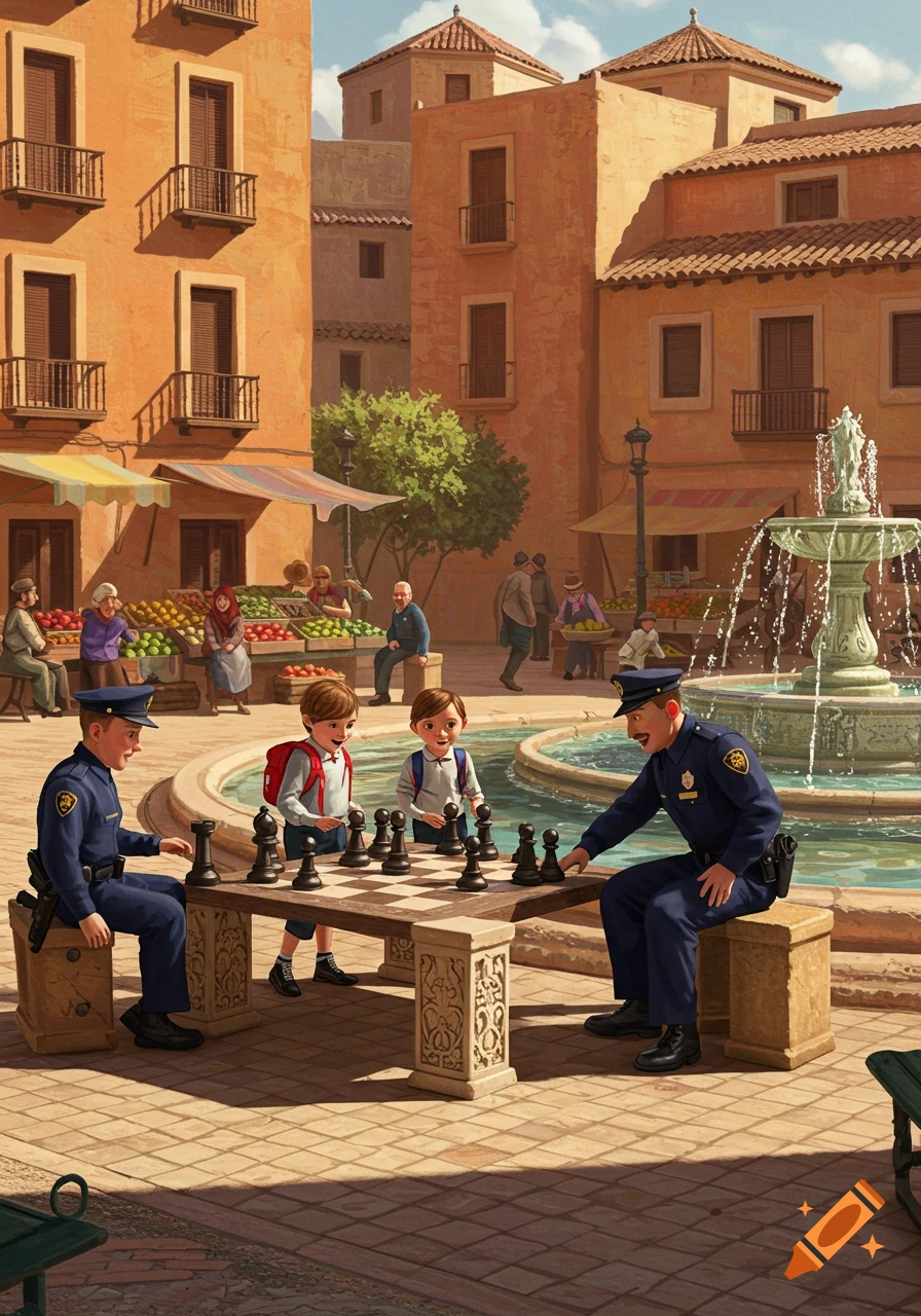 Two police officers play chess with two young boys in a sunny town square with a fountain and fruit vendors.