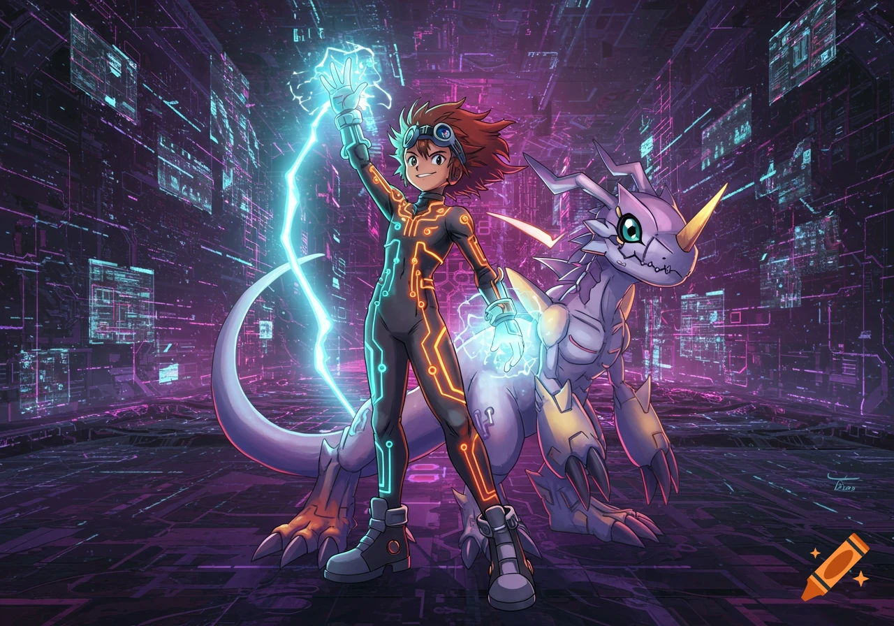A boy in a glowing circuit suit holds lightning next to a purple dragon-like creature in a neon digital landscape, anime style.