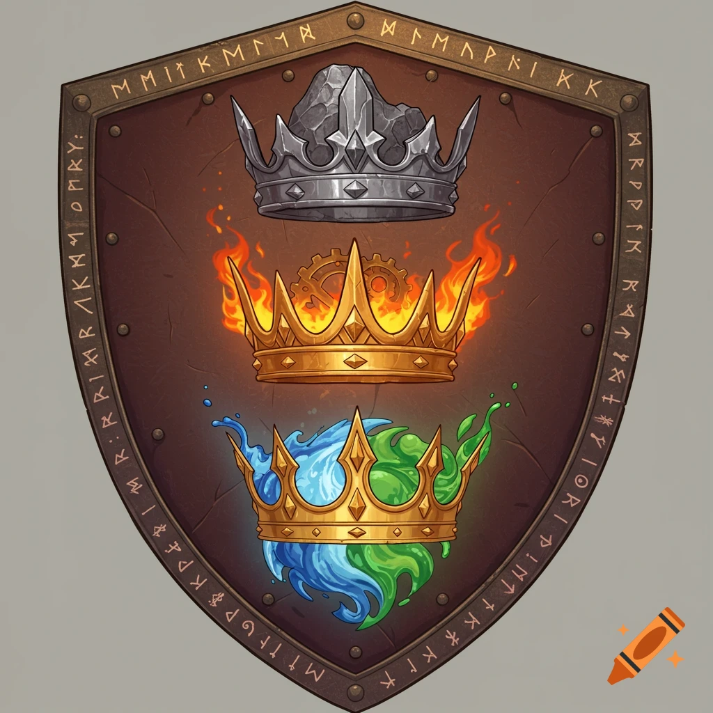 A stylized shield emblem features three crowns: one made of gray rock, one golden with flames and cogs, and one golden with blue water and green liquid.