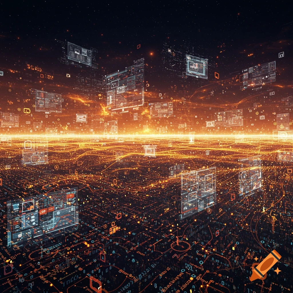 An abstract, futuristic landscape of glowing orange light, data streams, and floating holographic screens against a dark, starry sky.